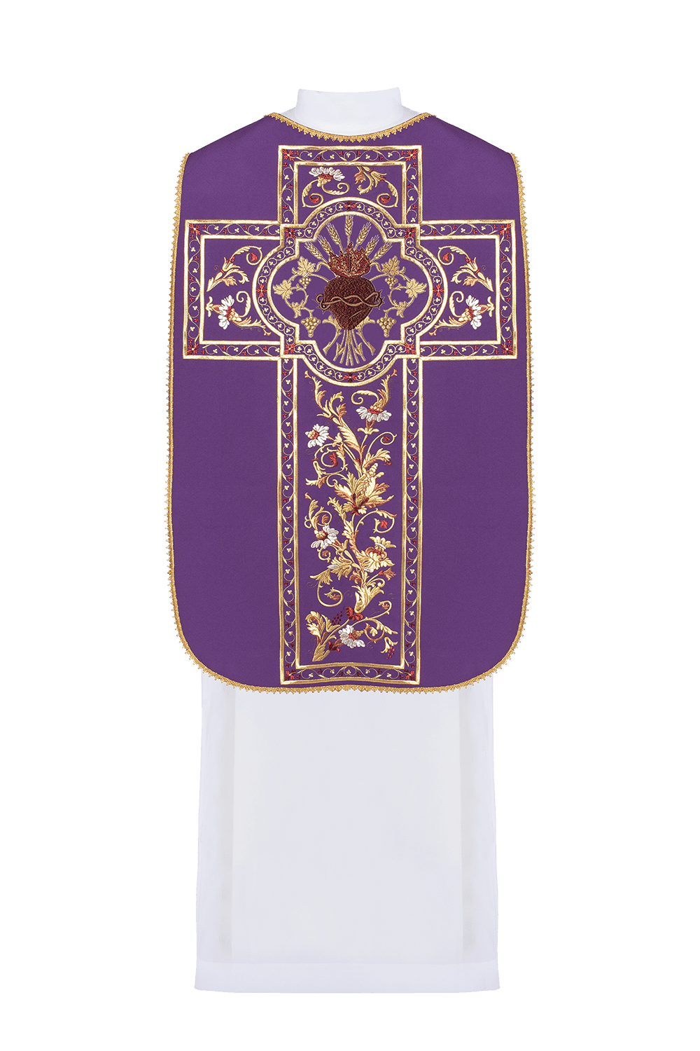 Purple Roman chasuble back view with embroidered Sacred Heart of Jesus and gold floral trim
