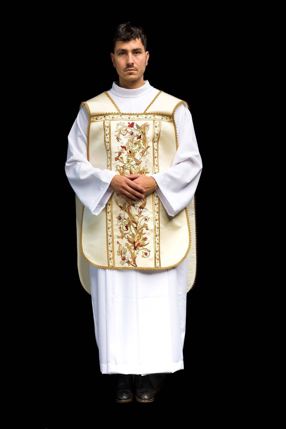 Roman chasuble front view with embroidered floral panel and gold trim