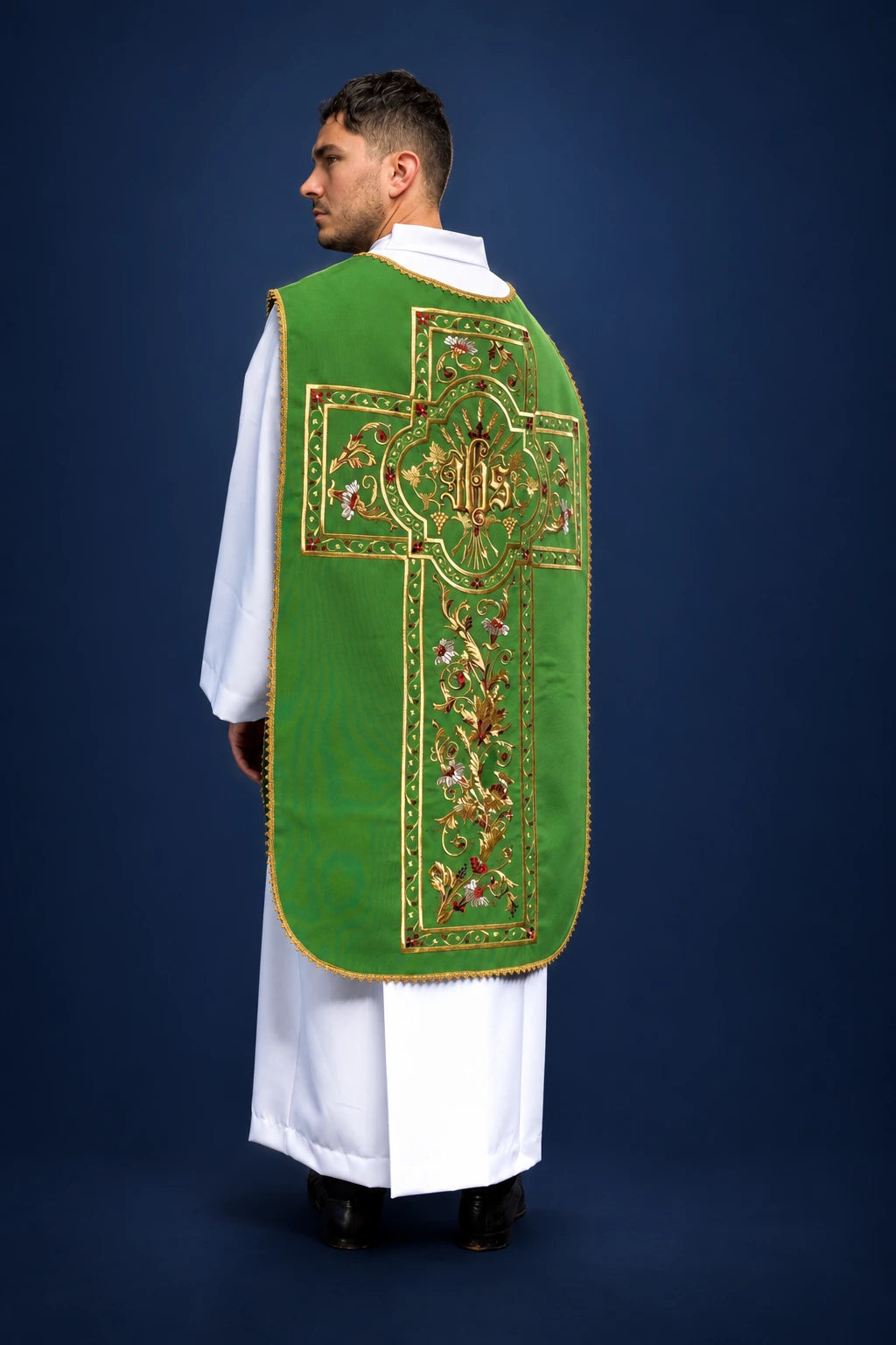 Green Embroidered Roman Chasuble with IHS Motif, back view with gold trim and floral embroidery
