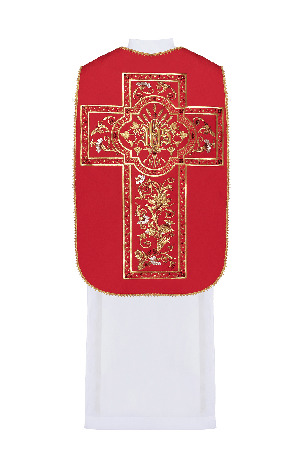 Red Roman chasuble back view with embroidered IHS motif and floral panel
