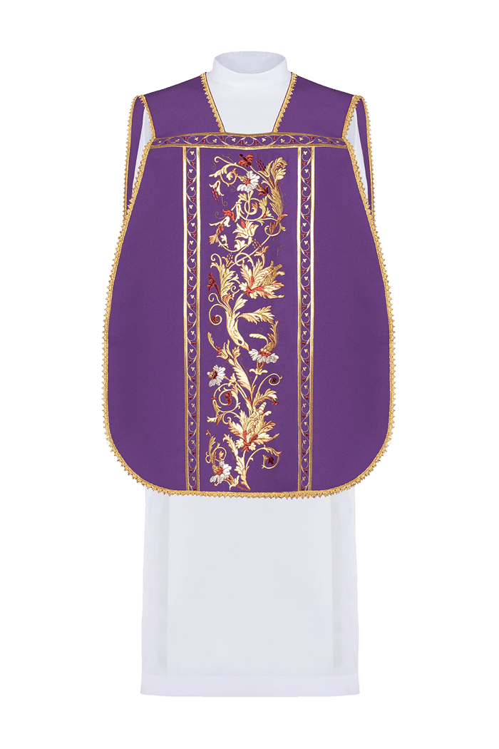 Roman chasuble front view with purple satin, embroidered floral panel and gold trim