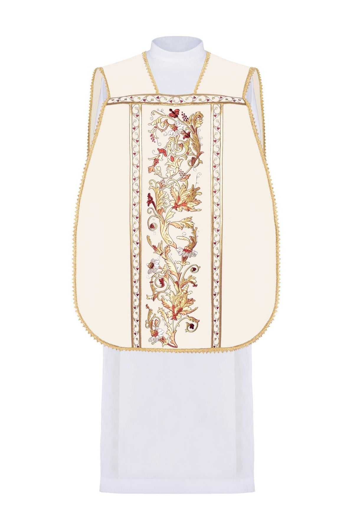 Roman chasuble front view in cream with embroidered floral panel and gold trim