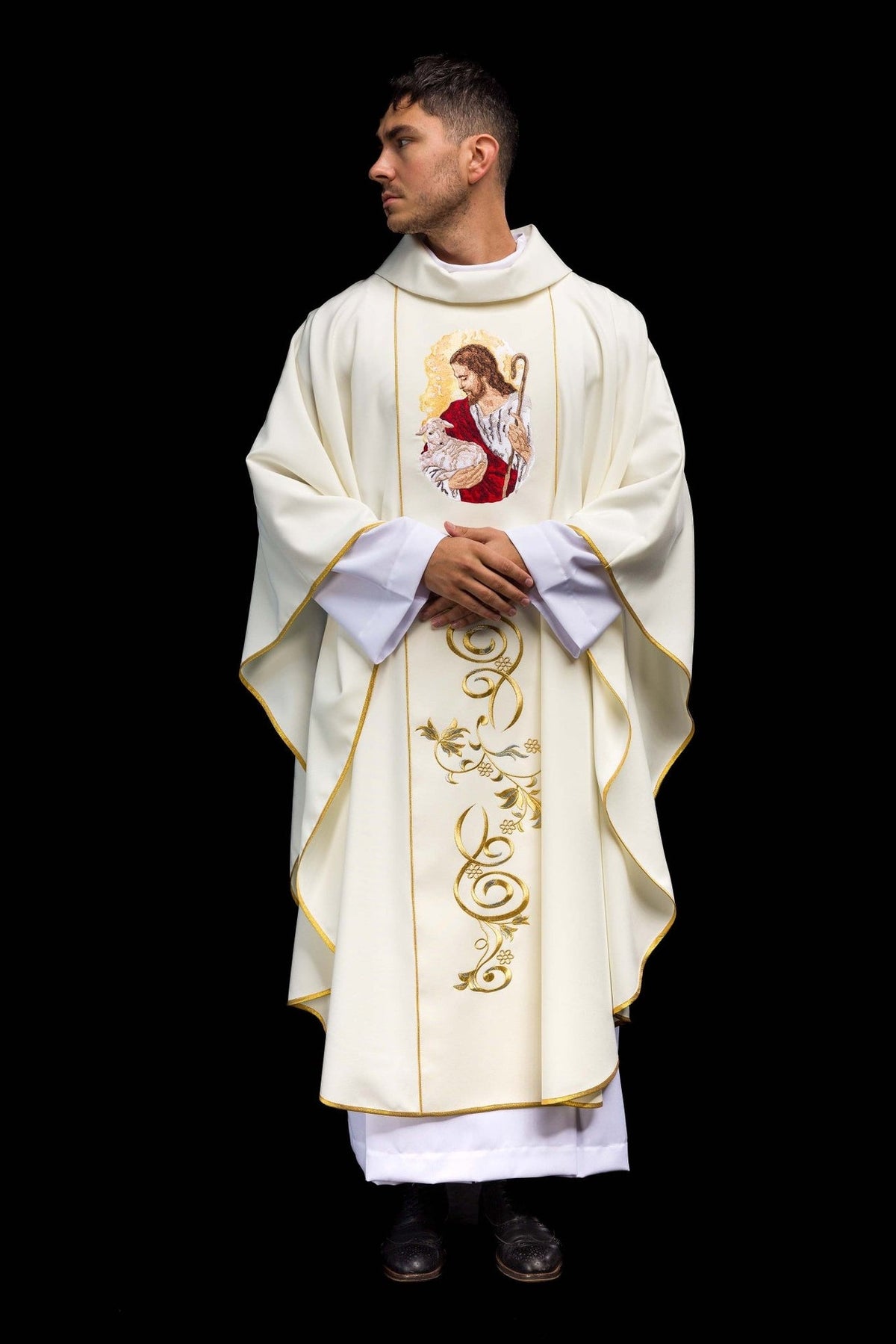 Ecru chasuble front view with Good Shepherd embroidery and gold orphrey
