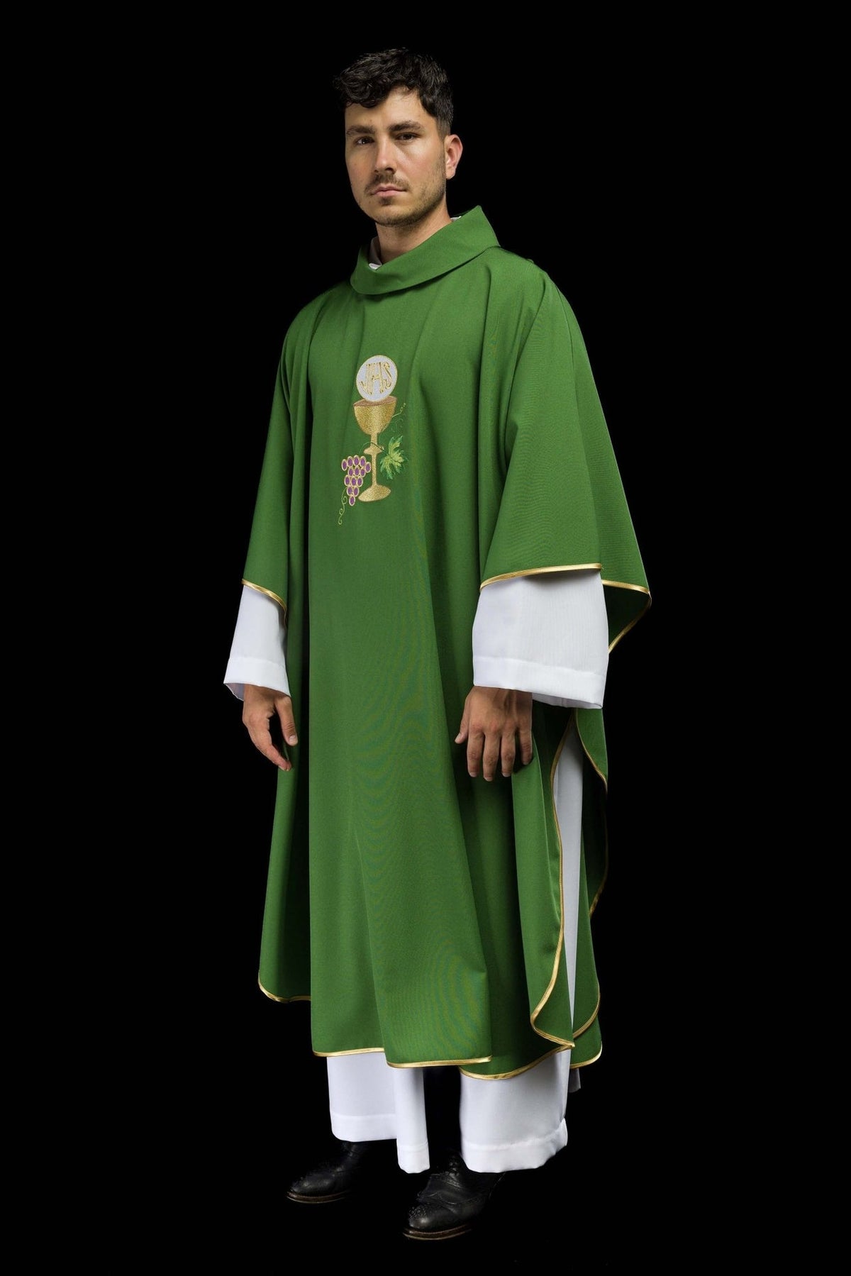 Green embroidered chasuble, angled front view with gold trim