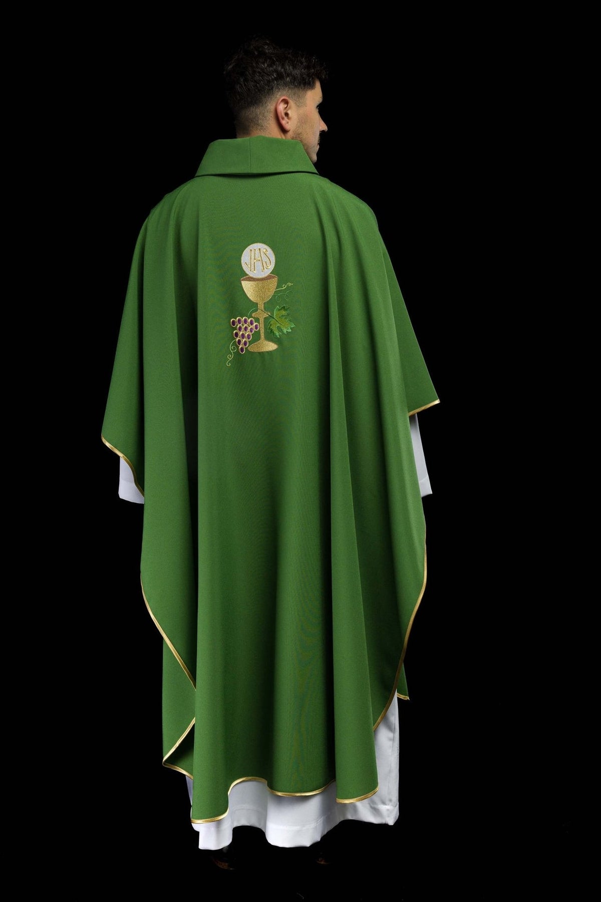 Green chasuble back view with gold trim and embroidery