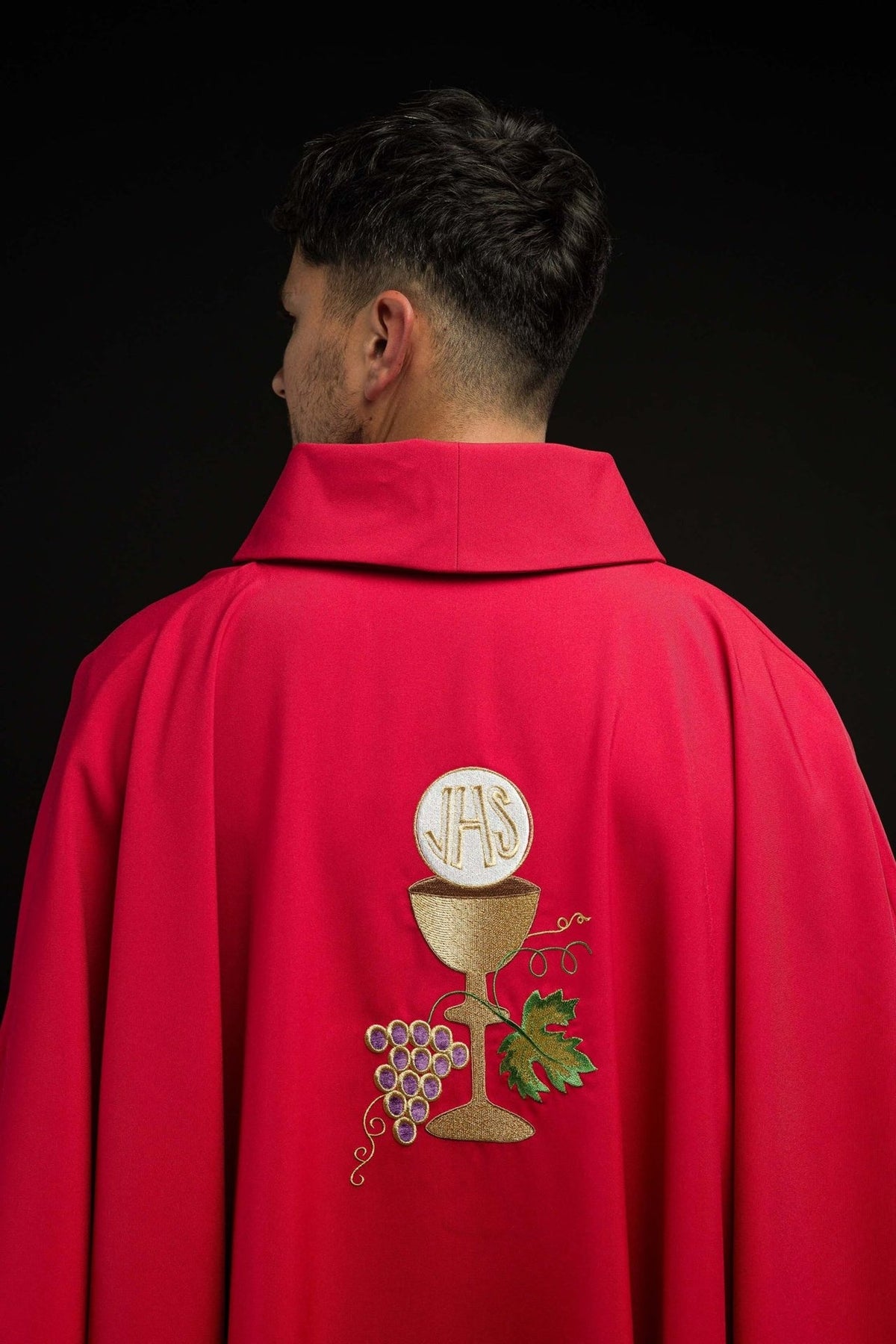 Red chasuble, back close-up showing collar and plain red fabric