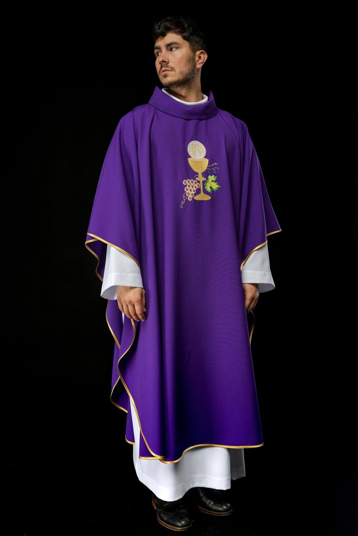 Purple chasuble front view with gold trim and chalice and grapes embroidery