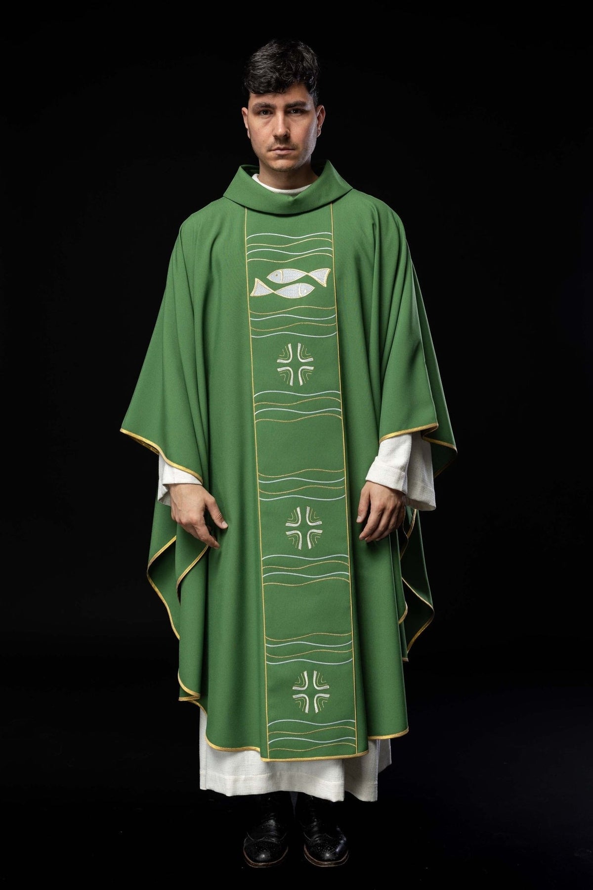 Green chasuble front view with fish and cross embroidery on a gold-trimmed orphrey