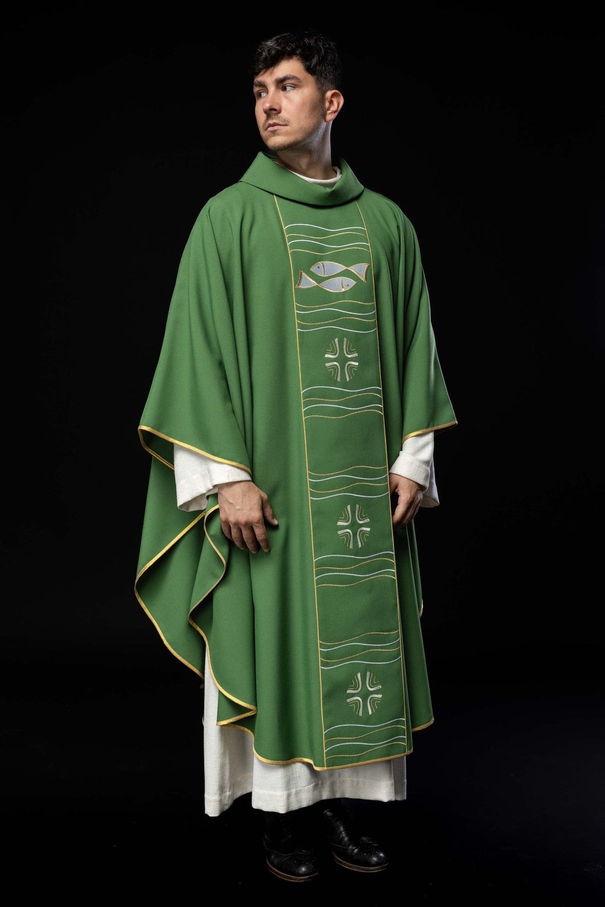 Green chasuble three-quarter front view with fish and cross embroidery