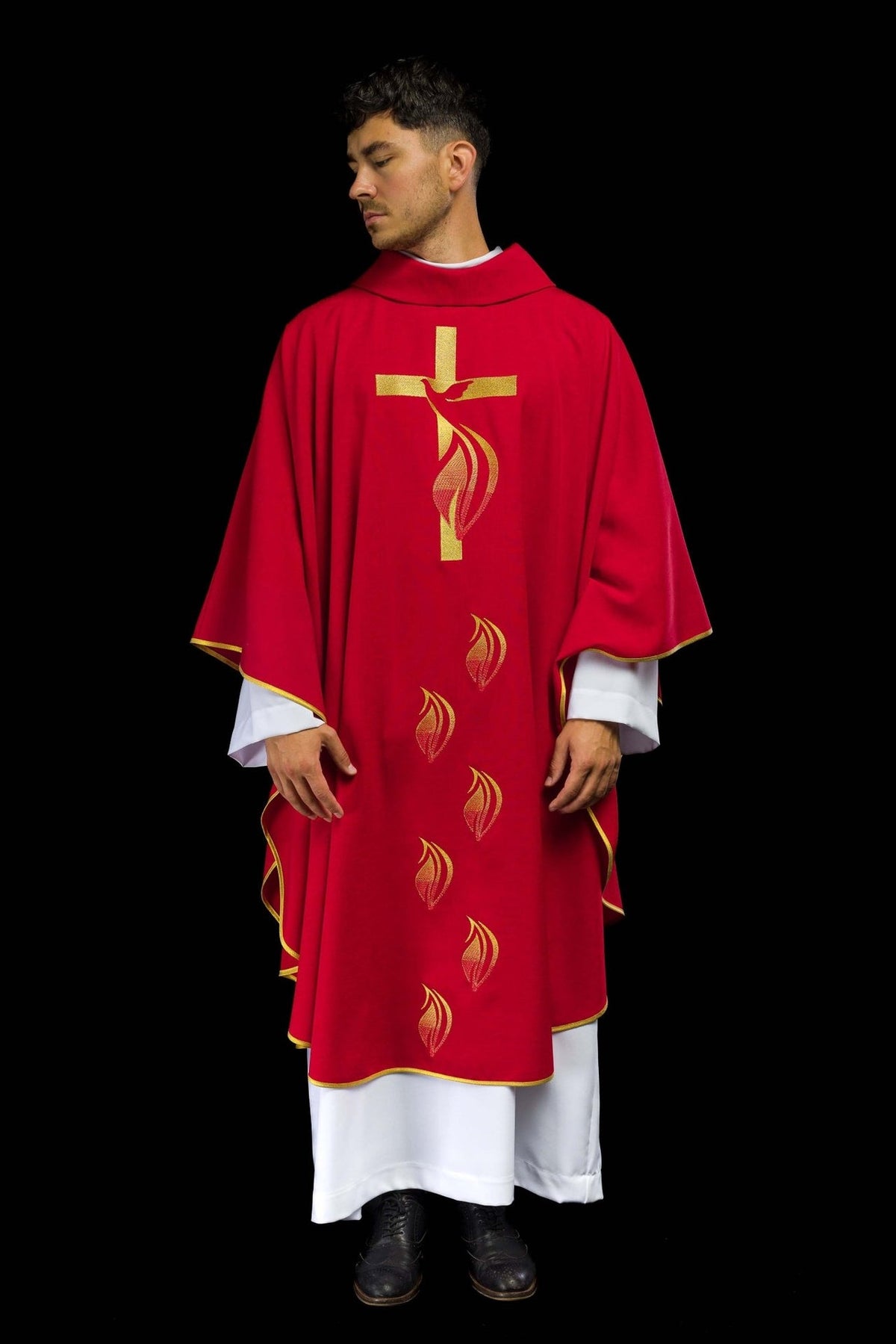Red chasuble front view with gold Holy Spirit embroidery and trim