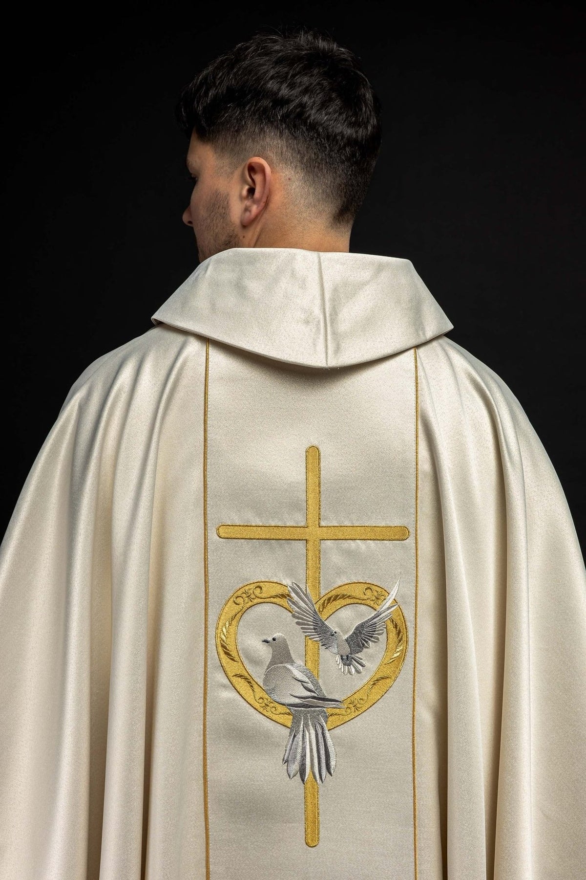 Wedding chasuble back view with gold cross, heart and dove embroidery