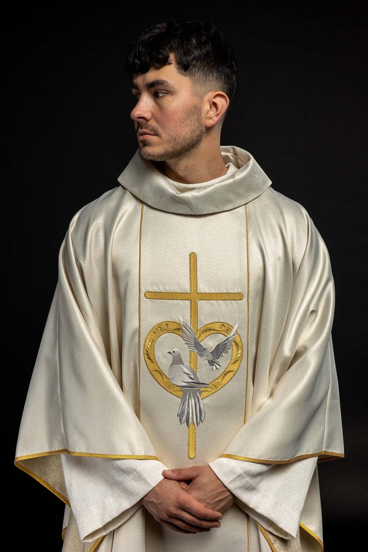 Wedding chasuble front close-up with gold cross and two silver doves