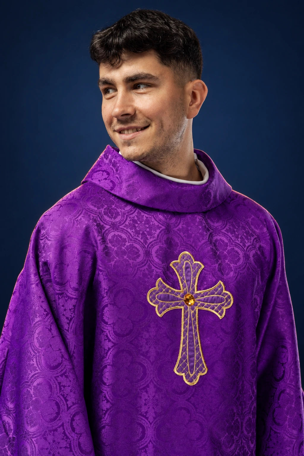 Purple Embroidered Chasuble with Cross Symbol, front view with gold cross embroidery