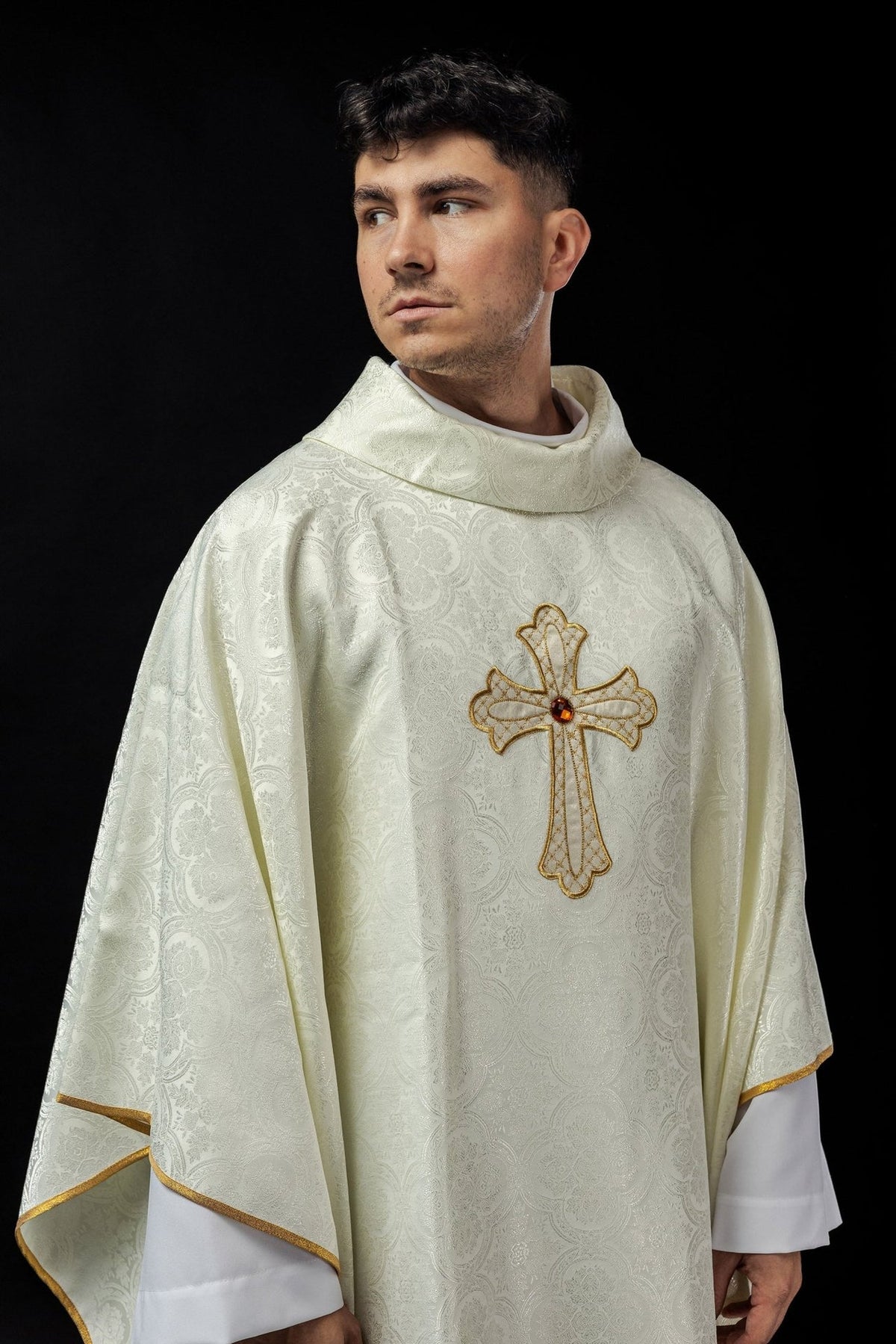 Ecru chasuble front view with embroidered gold cross and gold trim
