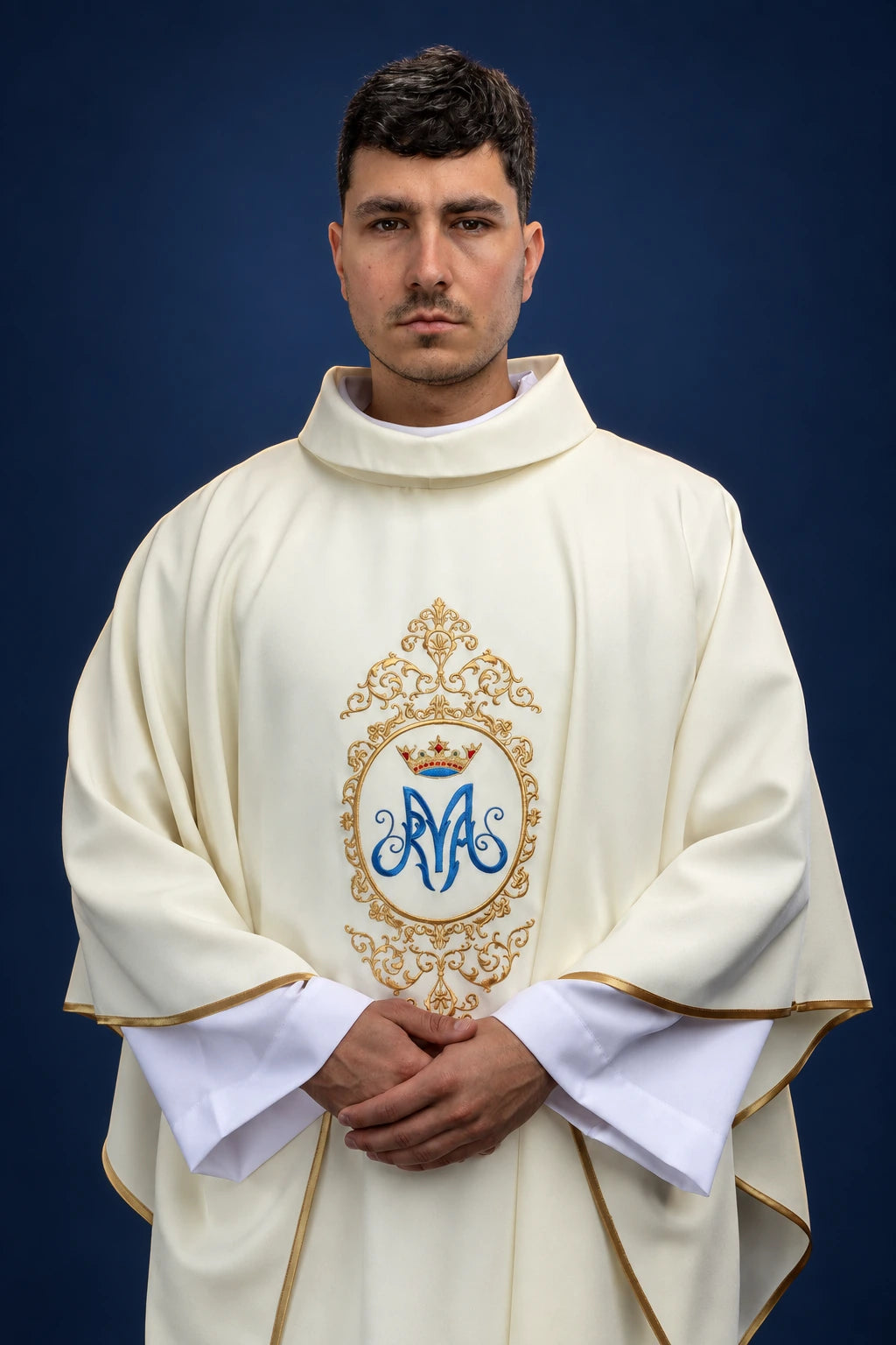 Chasuble with Marian Motif Surrounded by Gold Embroidery, front view in ivory with gold embroidery