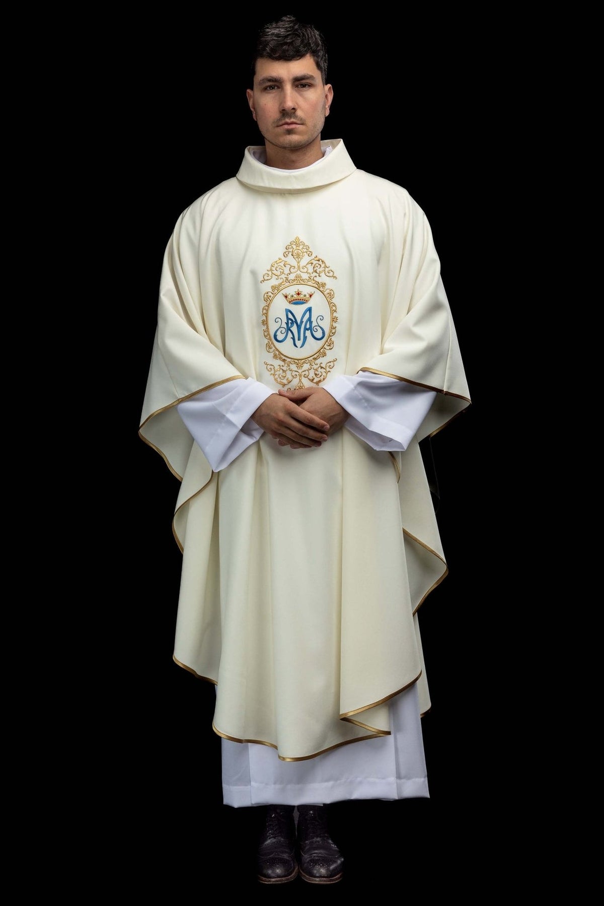 Marian chasuble, full front view with blue Marian motif and gold embroidery