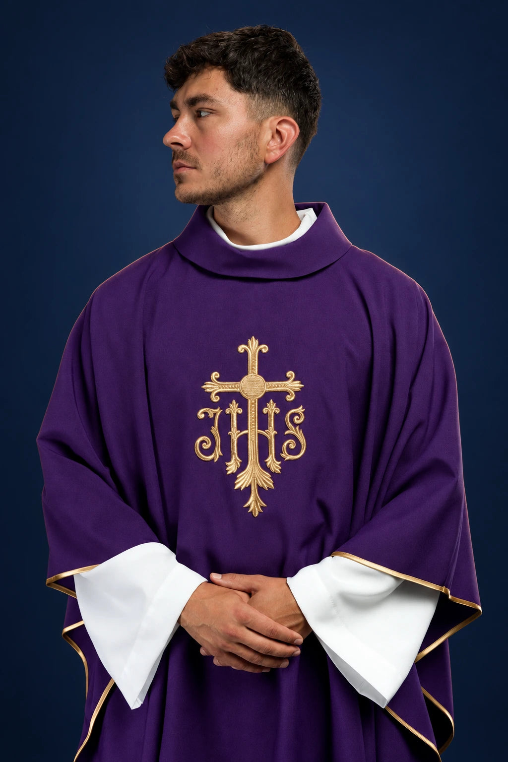 Purple Catholic Chasuble with Cross and IHS worn front, with gold embroidery and trim