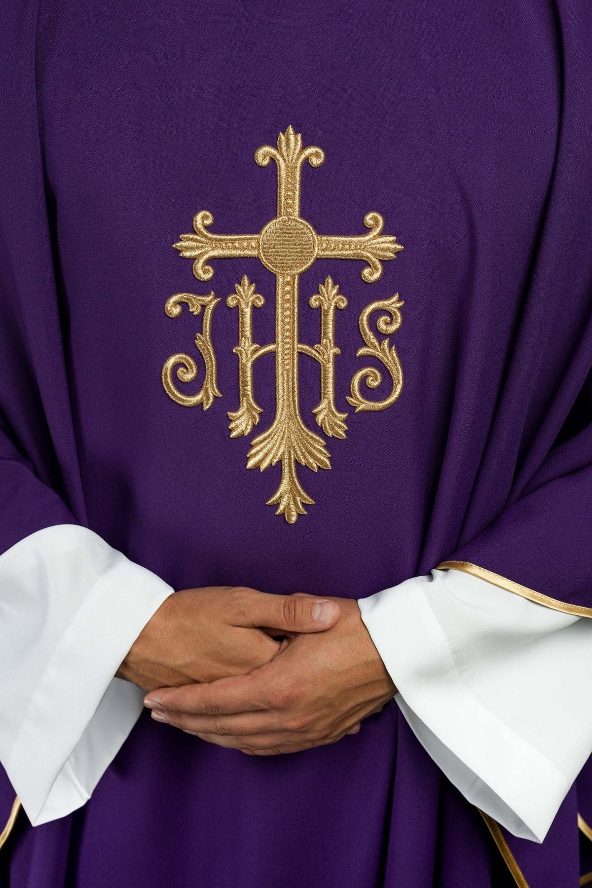 Purple chasuble front detail with gold Cross and IHS embroidery and trim