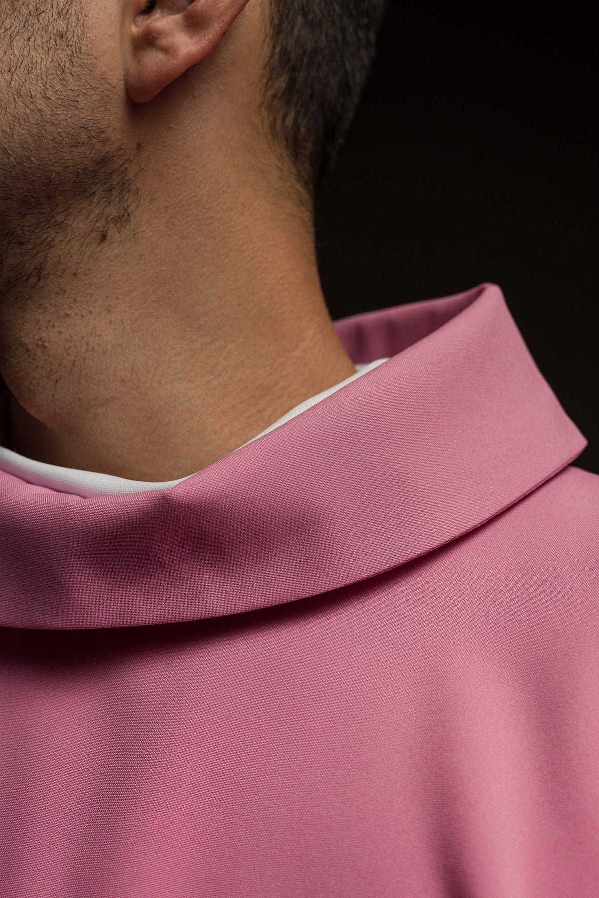 Rose chasuble close-up showing the stand-up collar
