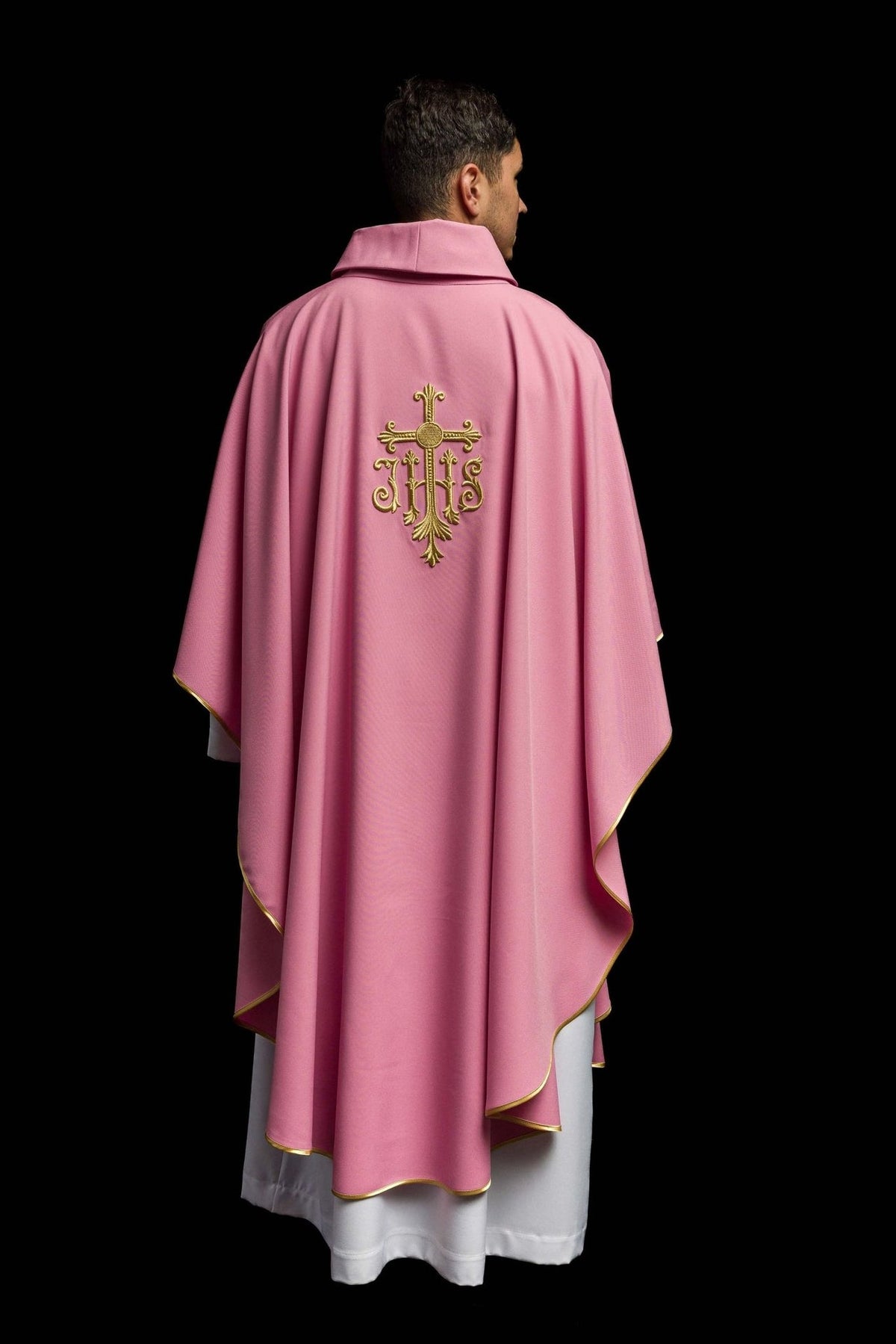 Rose chasuble rear three-quarter view with gold trim