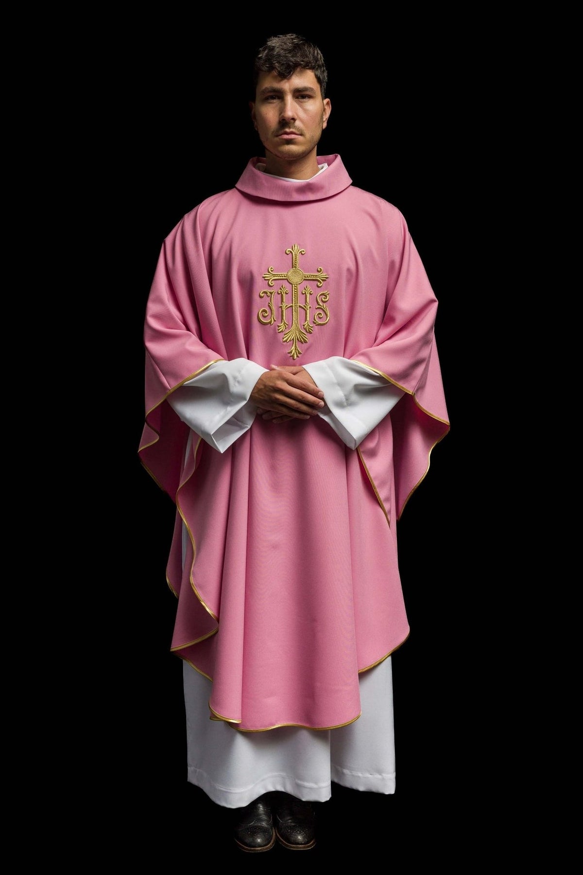 Rose chasuble front view showing gold embroidery and flowing trim