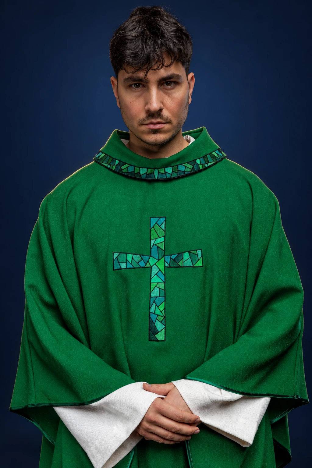 Embroidered Green Chasuble with Mosaic Cross, front view with stand-up collar