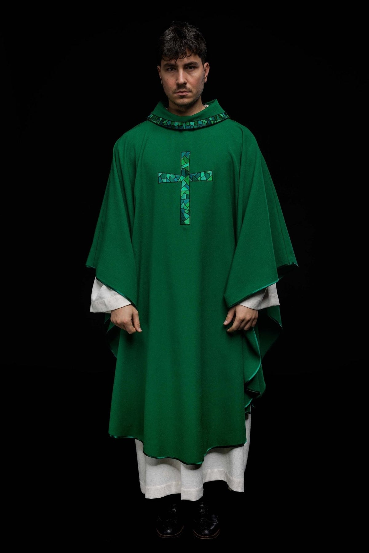 Green chasuble, full front view with mosaic cross and embroidered trim