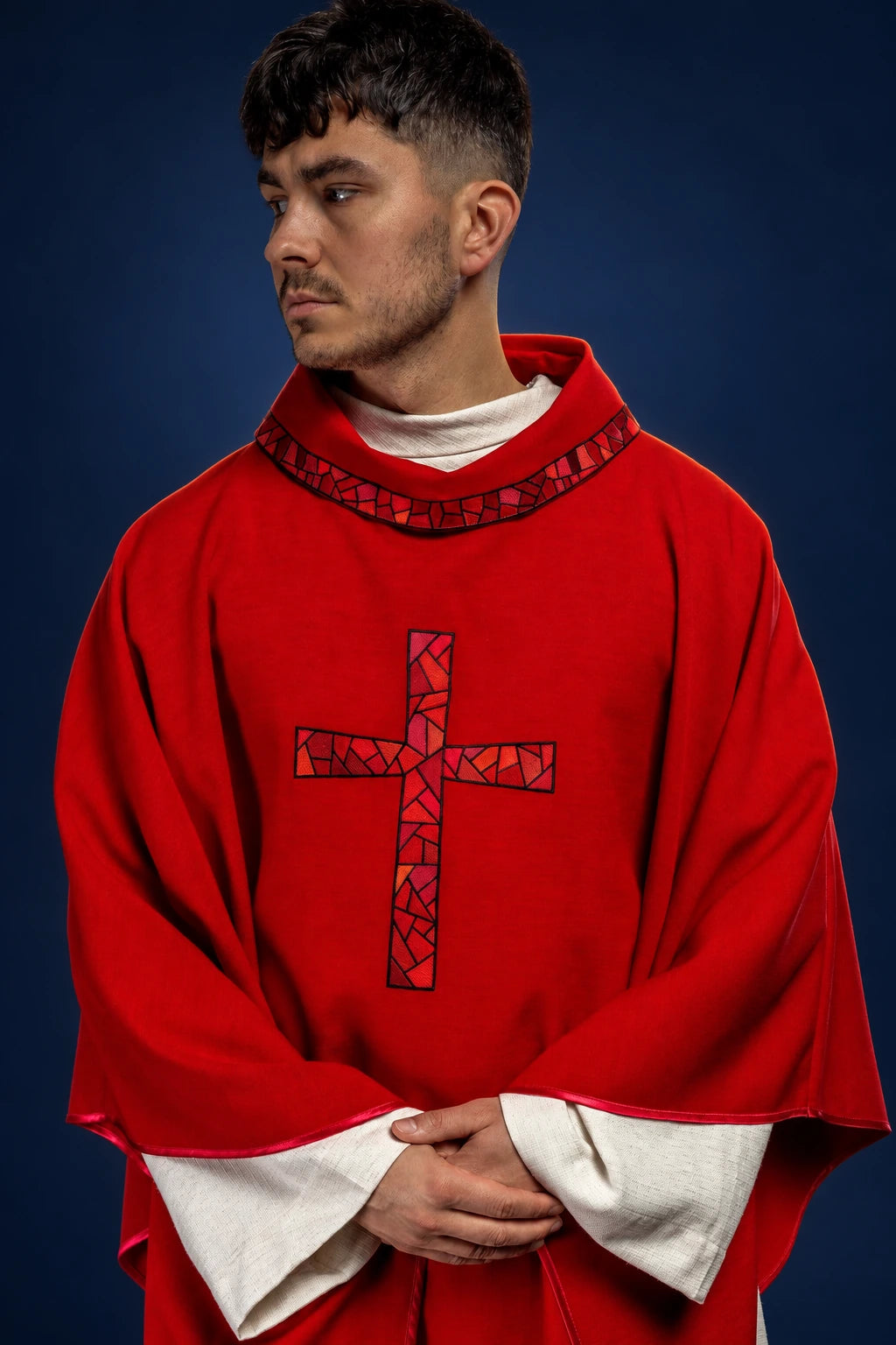 Red Catholic Chasuble with Embroidered Mosaic Cross, front view with stand-up collar