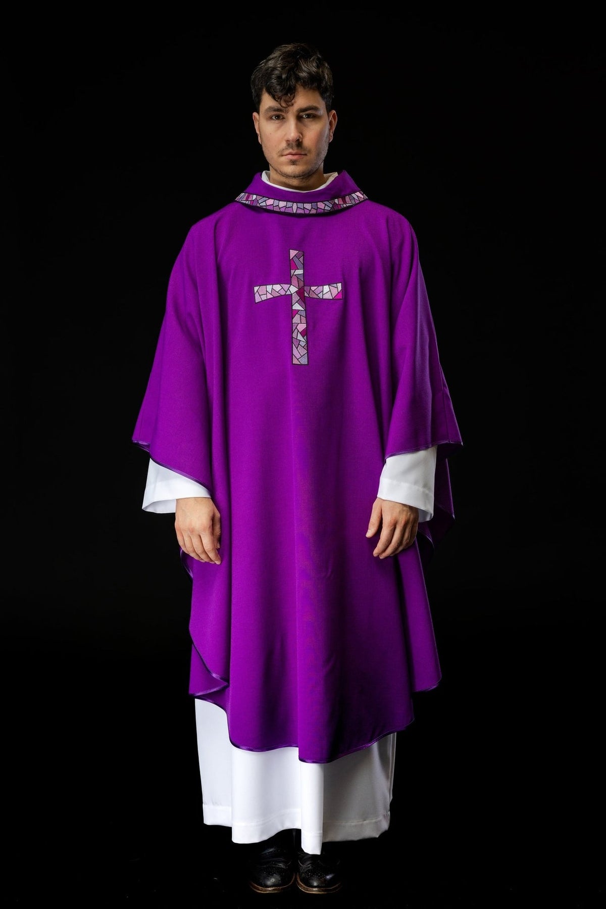 Purple chasuble front view with mosaic cross and patterned stand-up collar