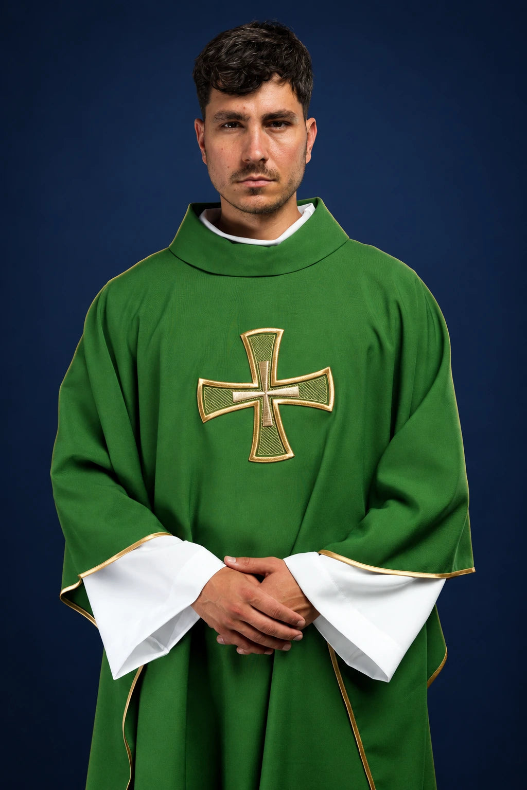 Green Chasuble with Gold Cross Embroidery and Stole, front view with stand-up collar and gold trim
