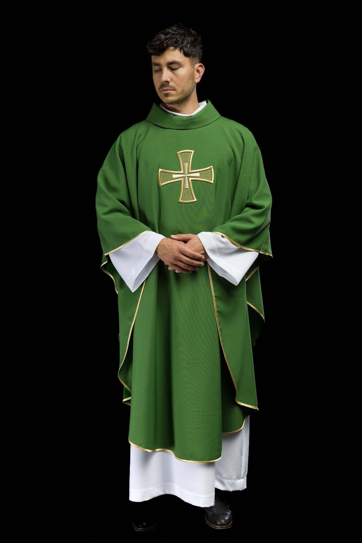 Green chasuble, full front view with gold cross embroidery and white sleeves
