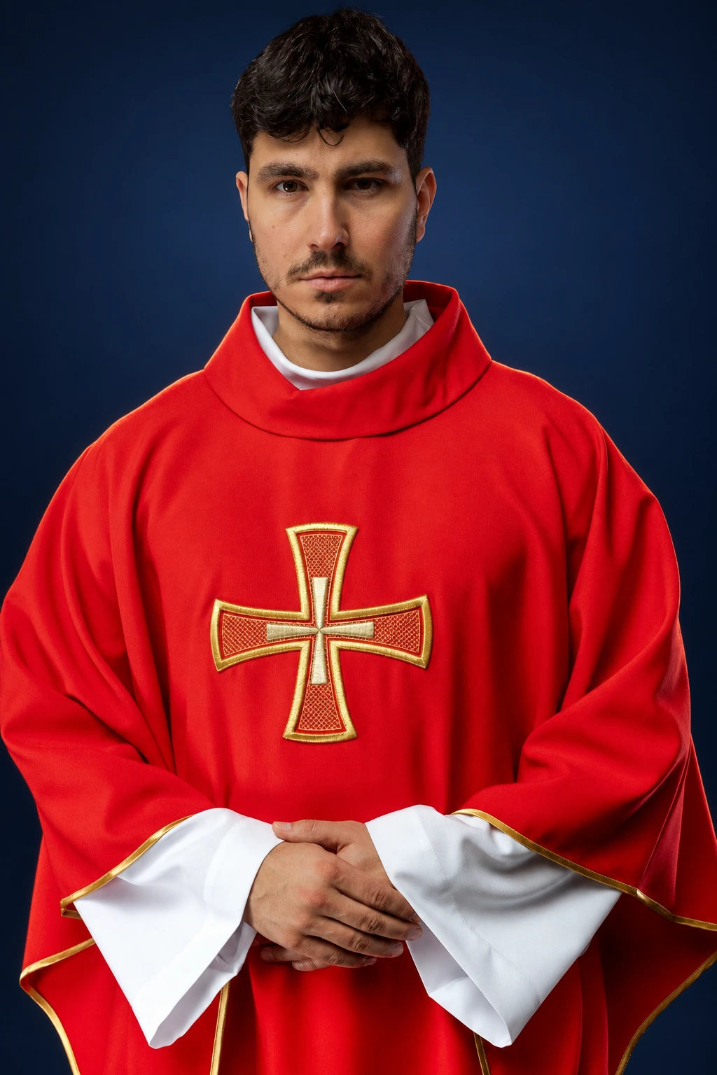 Embroidered Red Chasuble with IHS and Cross Motif, front view with gold cross embroidery and trim