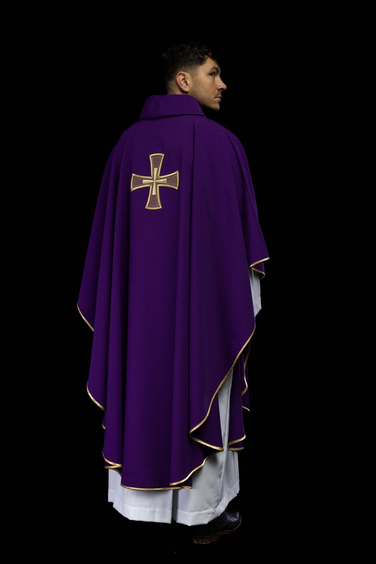 Purple chasuble back three-quarter view with gold trim
