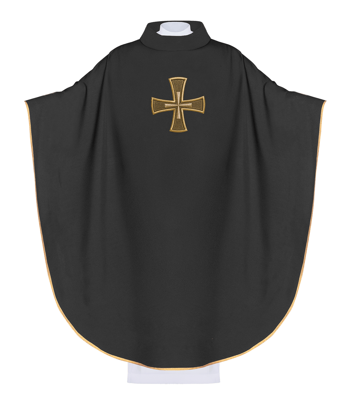 Black chasuble front view with gold cross, stand-up collar and gold trim