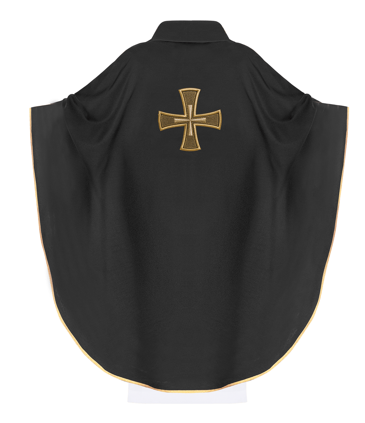Black chasuble back view with gold cross embroidery and gold trim