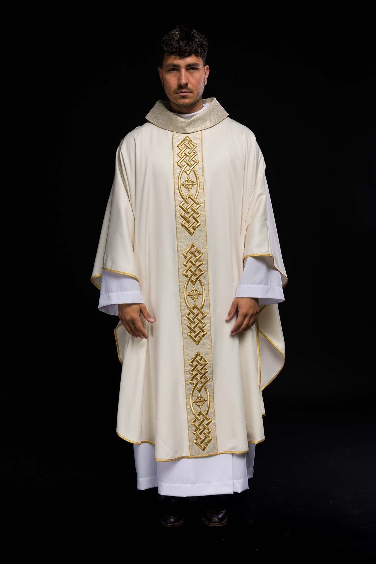 Ecru chasuble, full front view with gold embroidered central trim