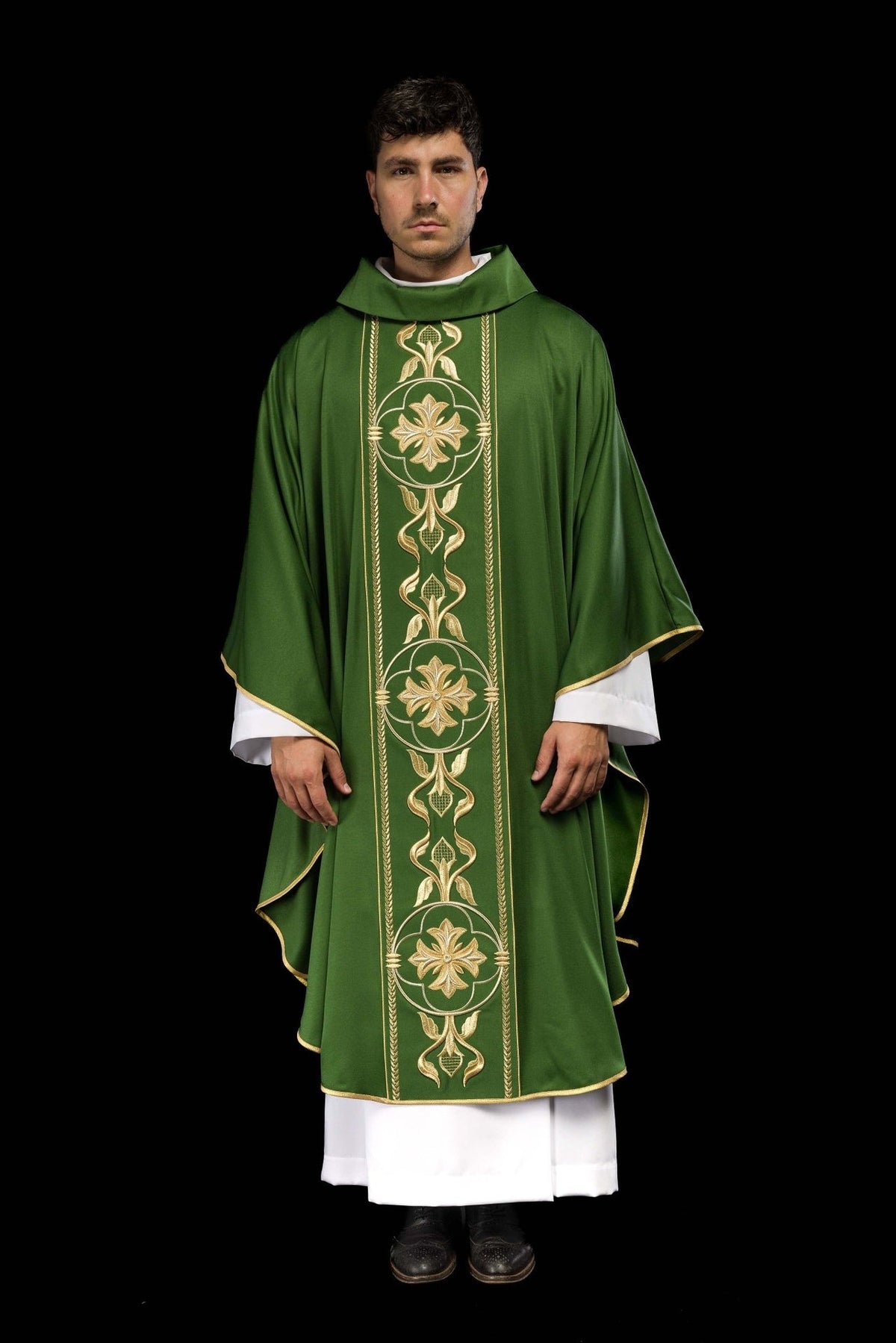 Green chasuble with gold embroidered orphrey, full front view