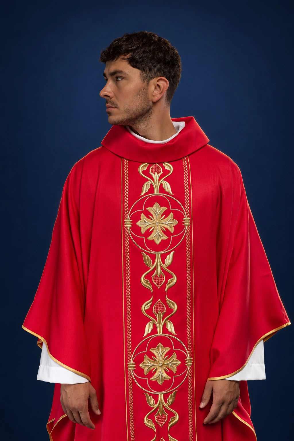 Red Embroidered Chasuble with Decorative Orphrey, front view with gold embroidery and trim
