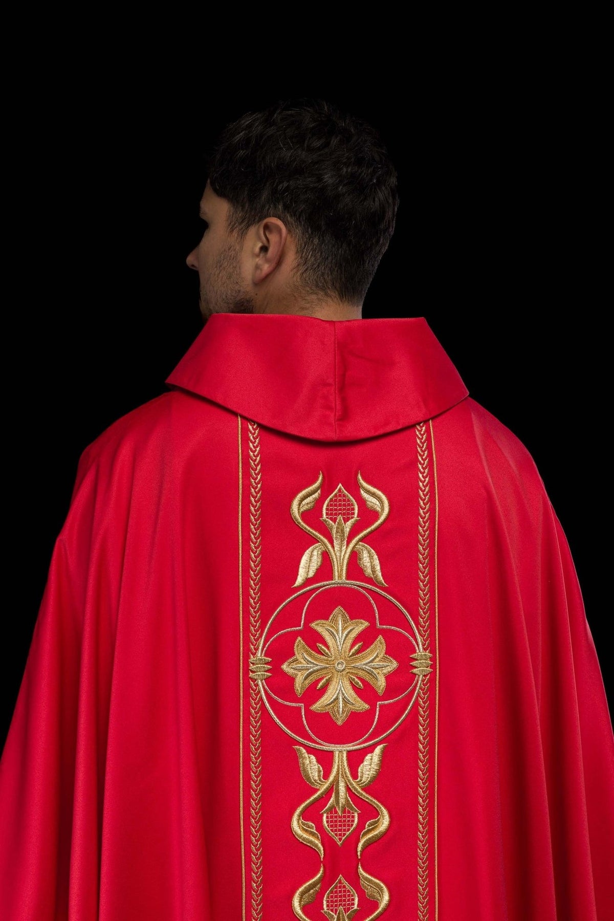 Red chasuble collar and back detail with gold orphrey trim