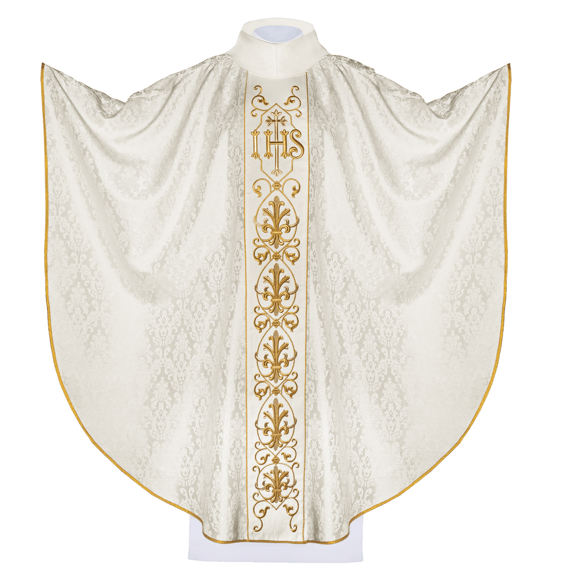 Ecru chasuble displayed front-facing with full gold IHS embroidery and floral pattern