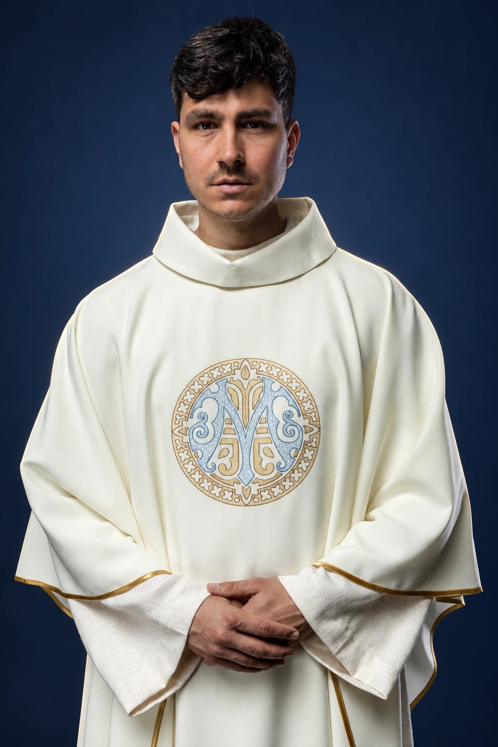 Embroidered Marian chasuble with gold trim, ecru, front worn view with Marian motif and stand-up collar