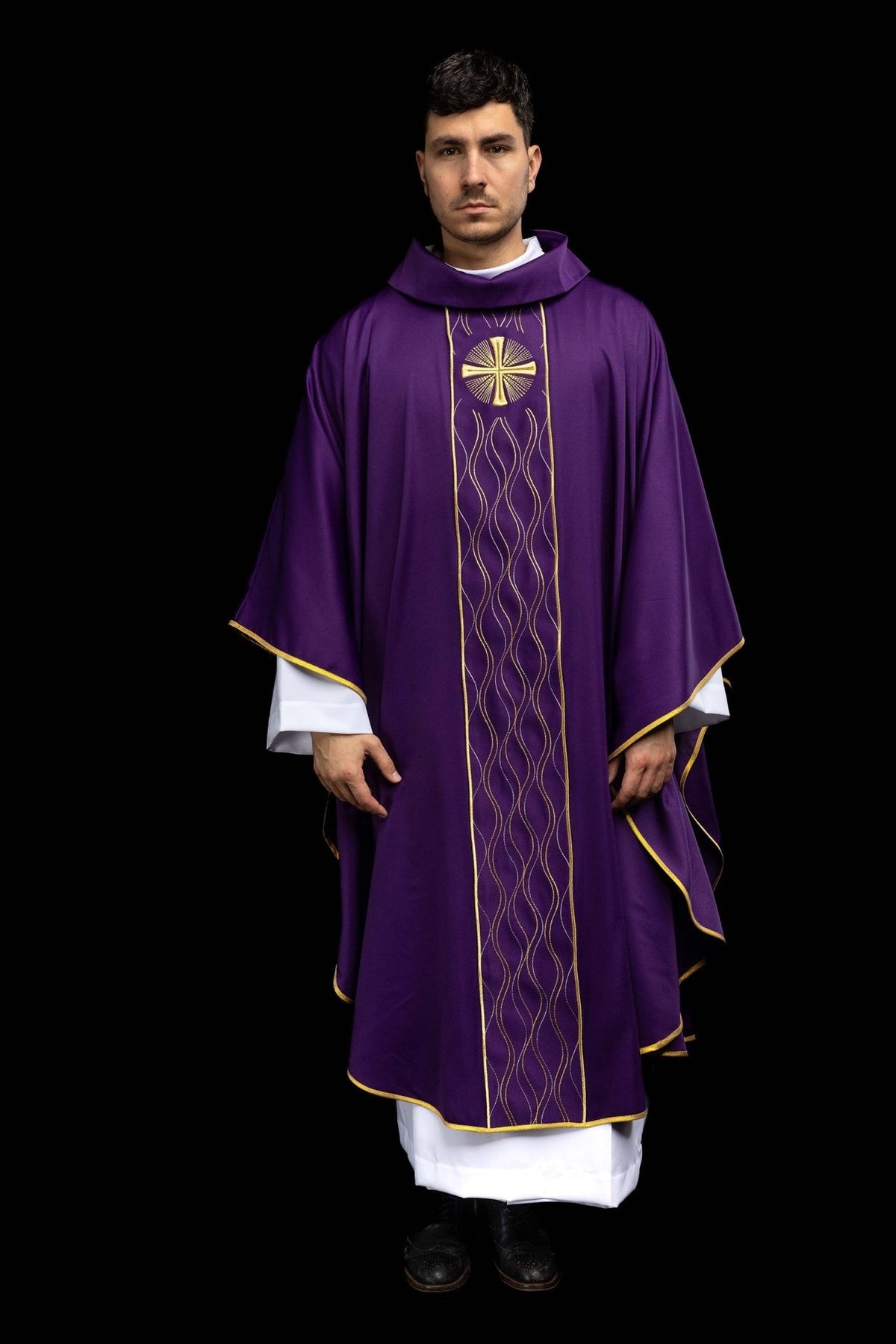 Purple cross chasuble full front view with gold orphrey, embroidery and trim