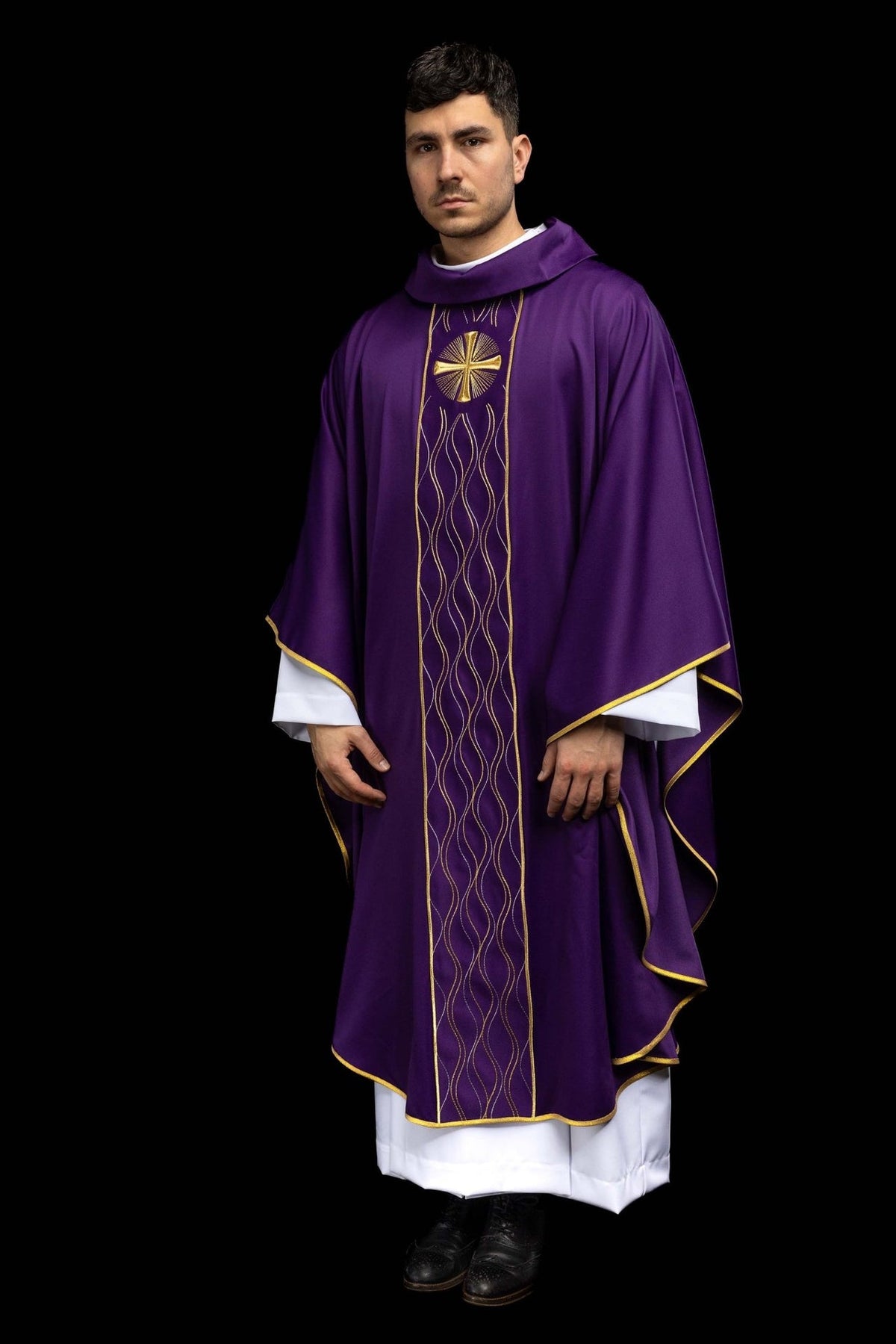 Purple cross chasuble three-quarter front view with embroidered orphrey and gold trim