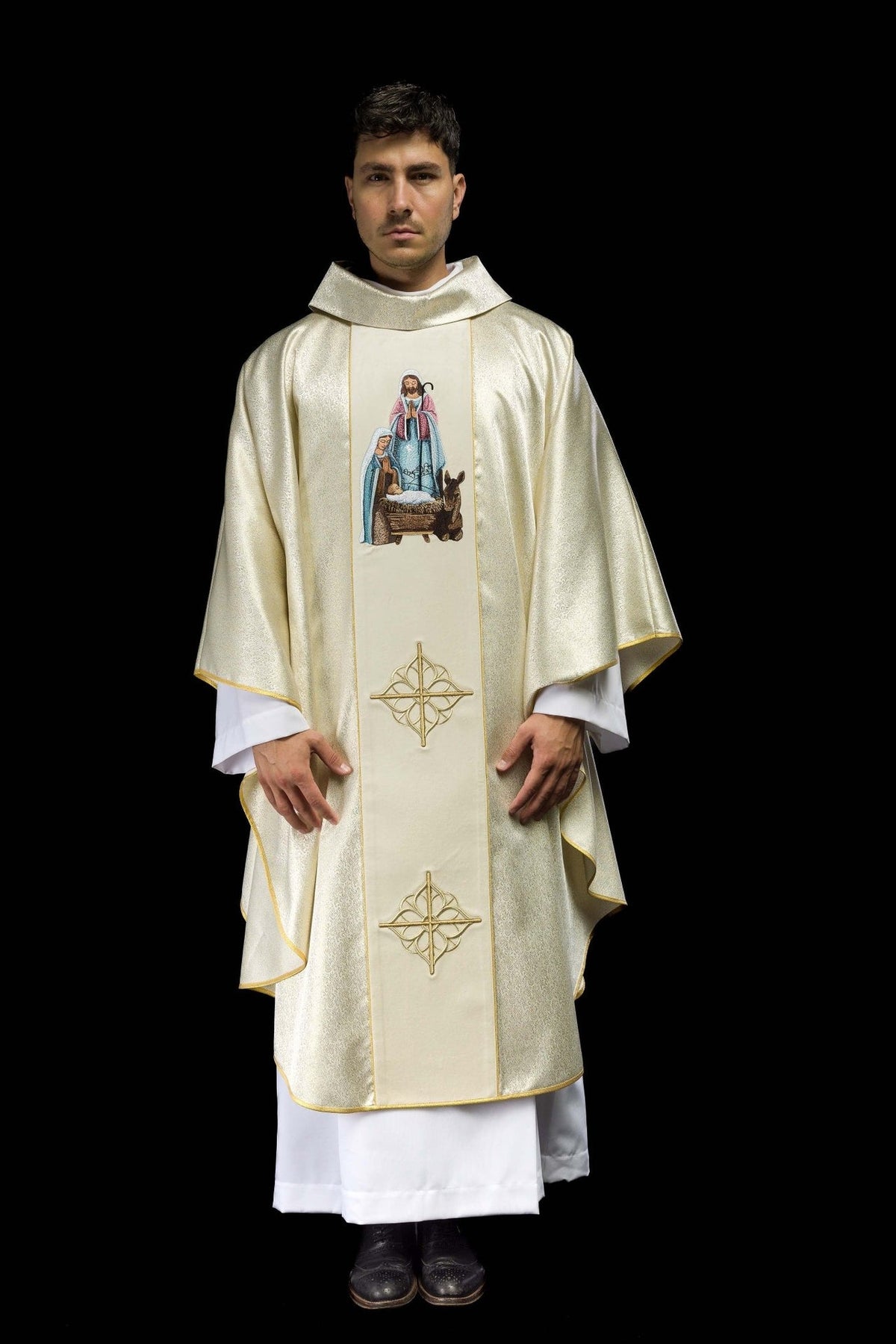 Holy Family chasuble, full front view with embroidered central panel and cross motifs
