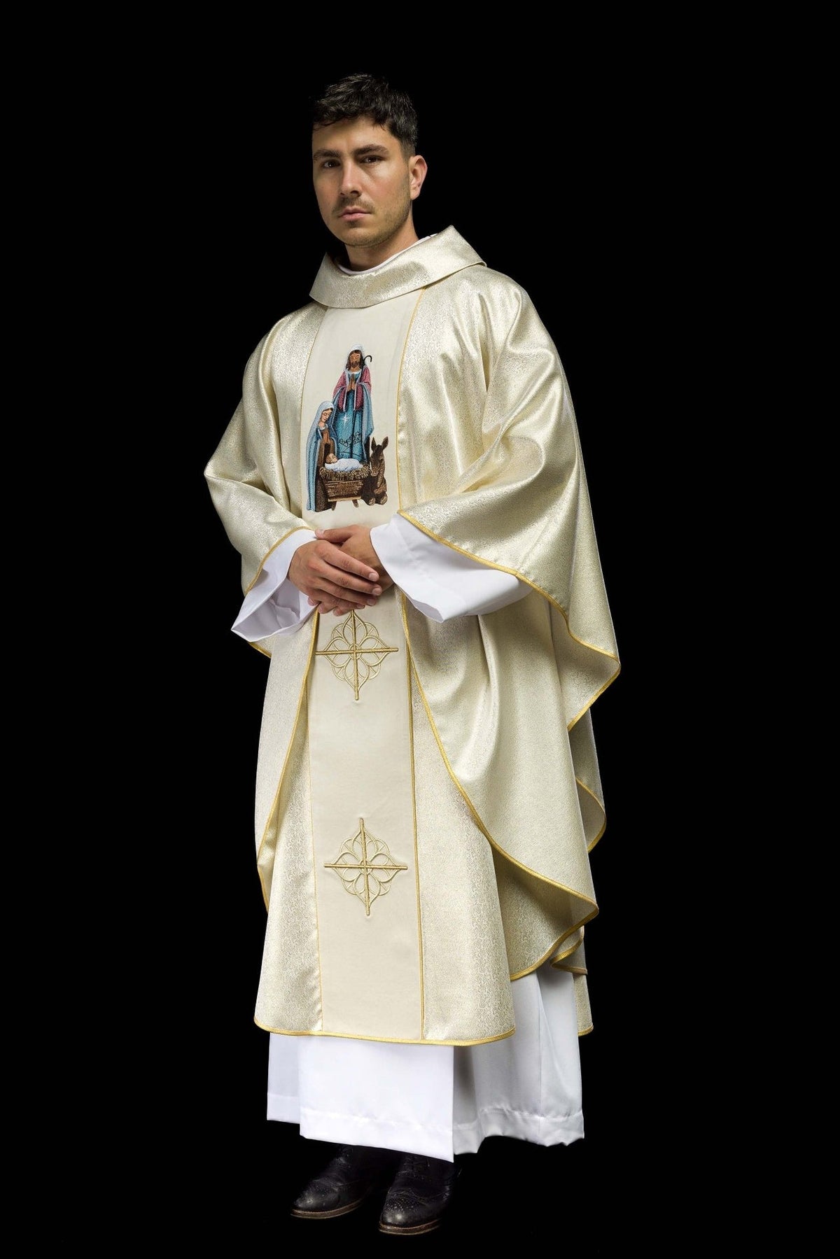 Holy Family chasuble, three-quarter front view with embroidered nativity panel