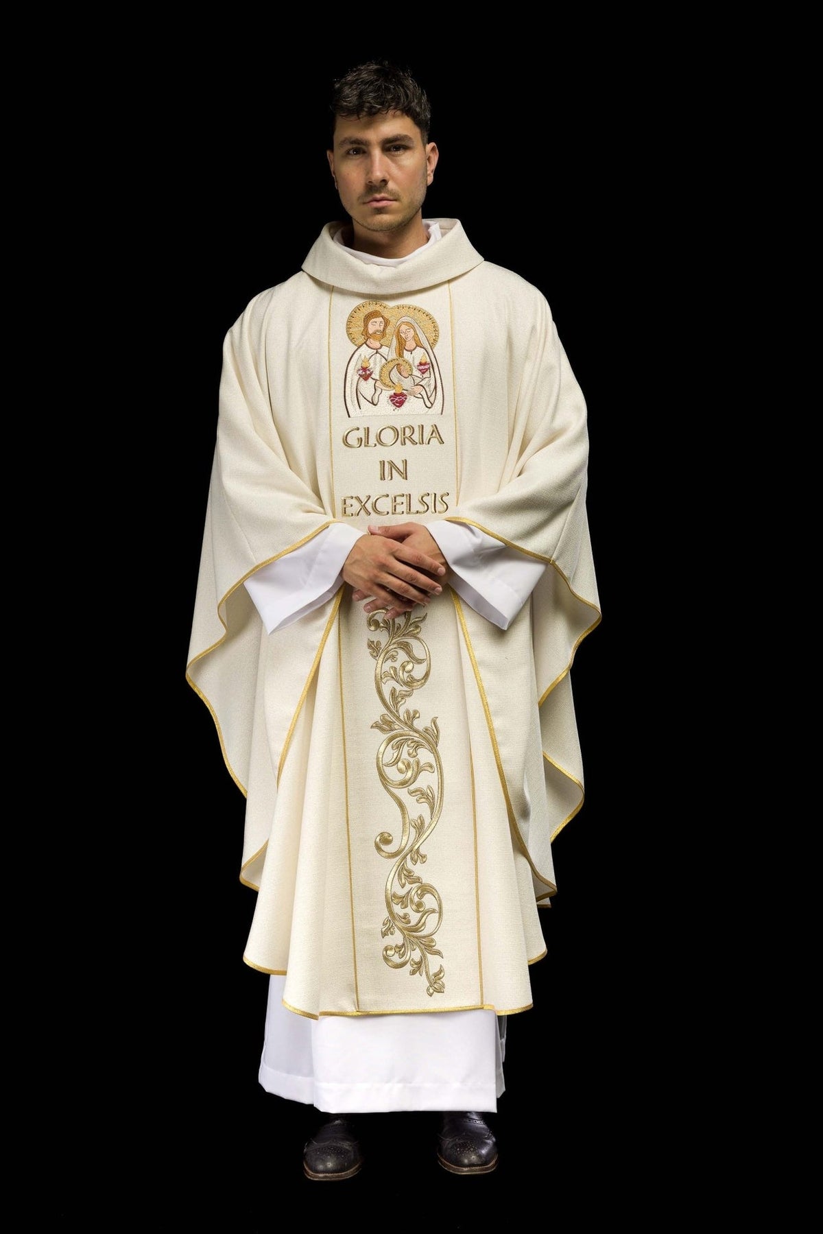 Christmas chasuble, full front view with Holy Family embroidery and gold orphrey