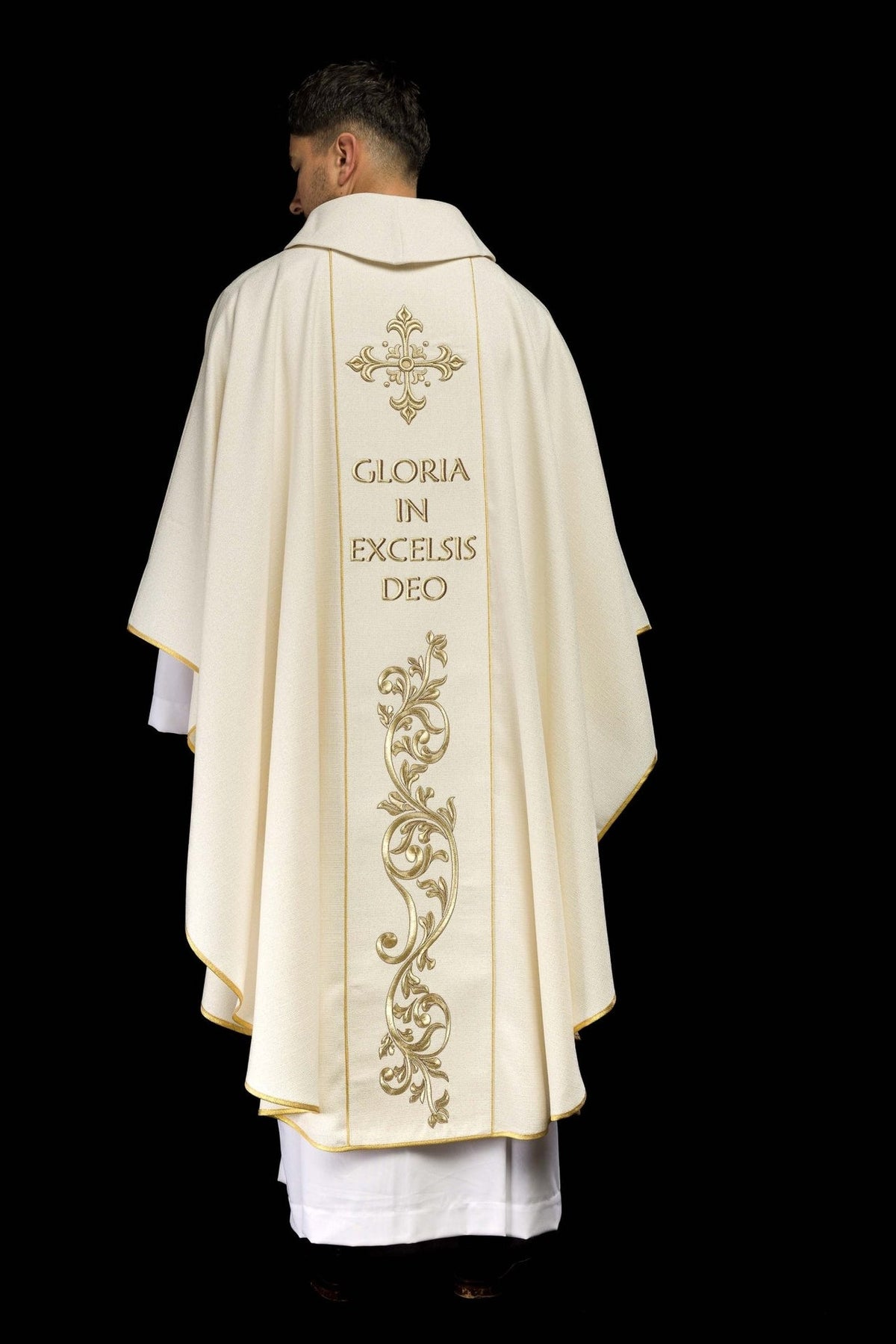 Christmas chasuble front view with Holy Family embroidery, gold orphrey and trim