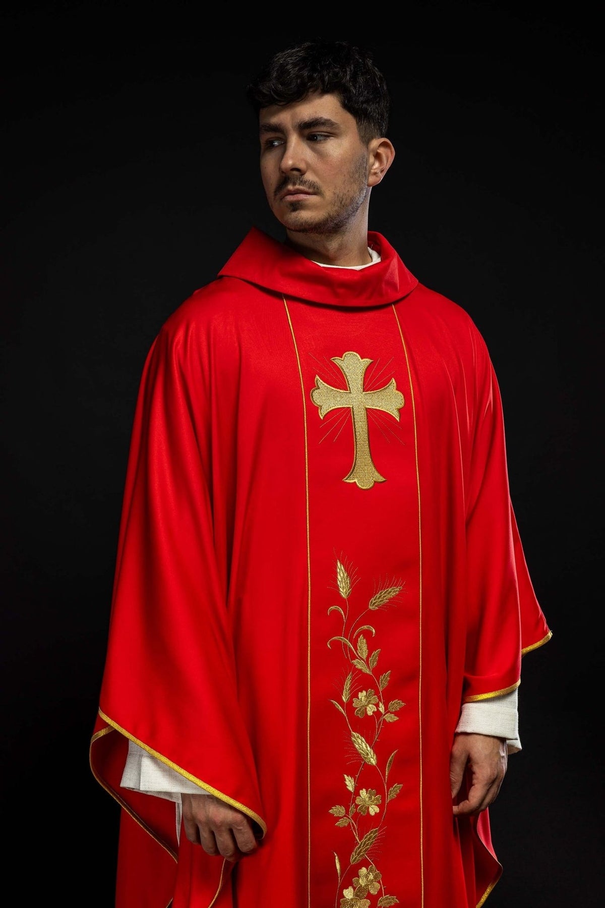 Red chasuble front view with gold cross and wheat embroidery