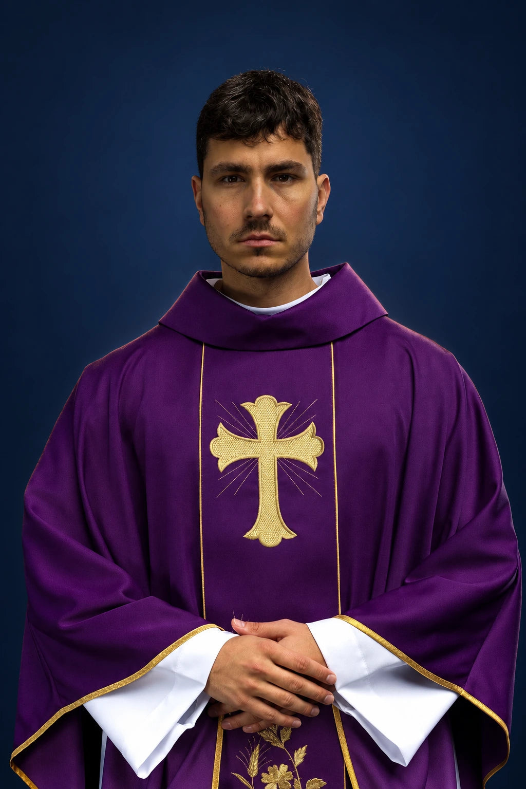 Purple Chasuble with Cross and Wheat, front view with gold cross, wheat embroidery and trim