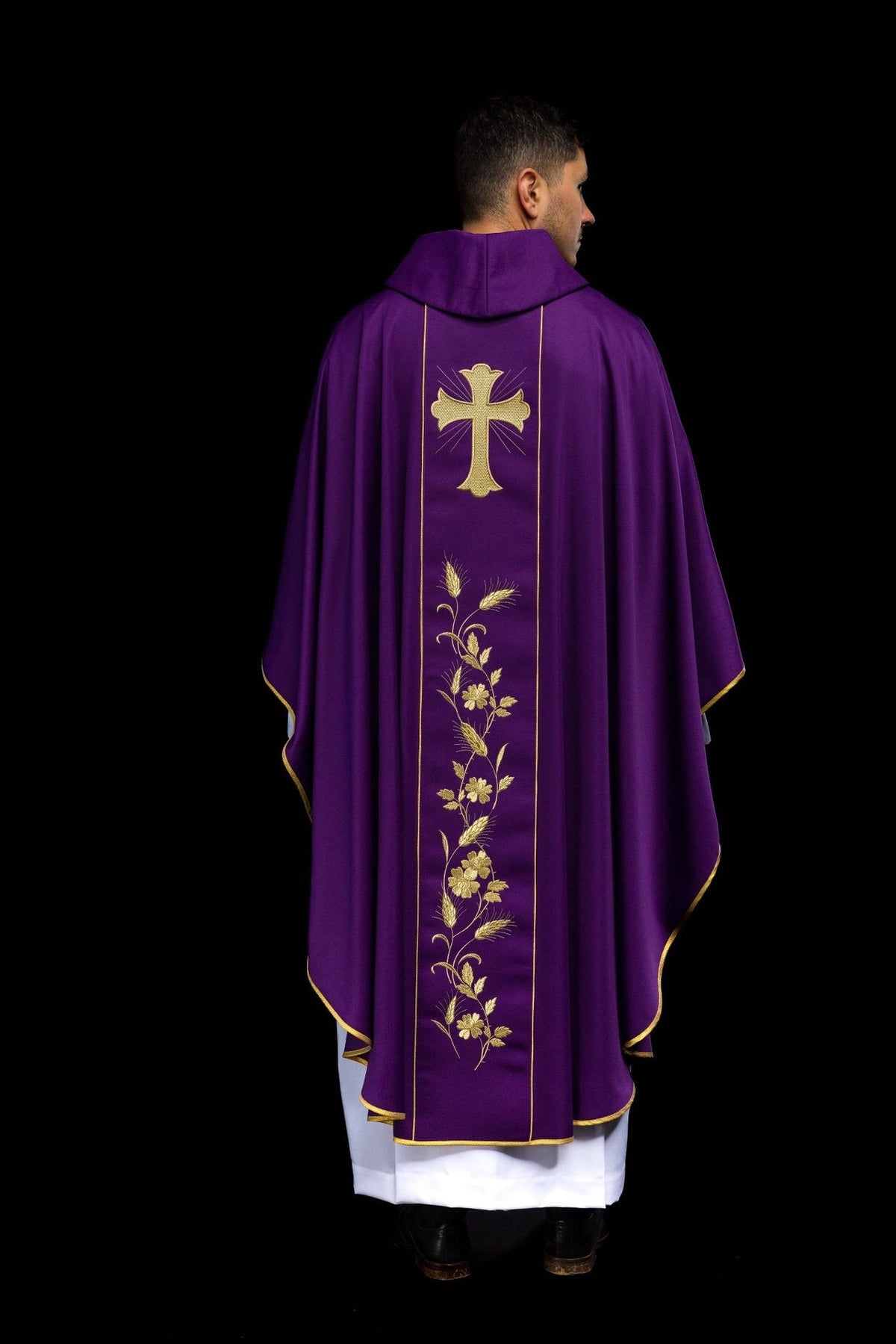 Purple chasuble back view with cross and wheat embroidery